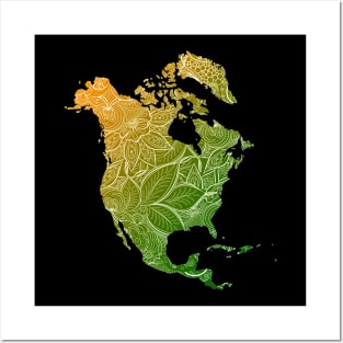 Colorful mandala art map of North America with text in green and orange Posters and Art